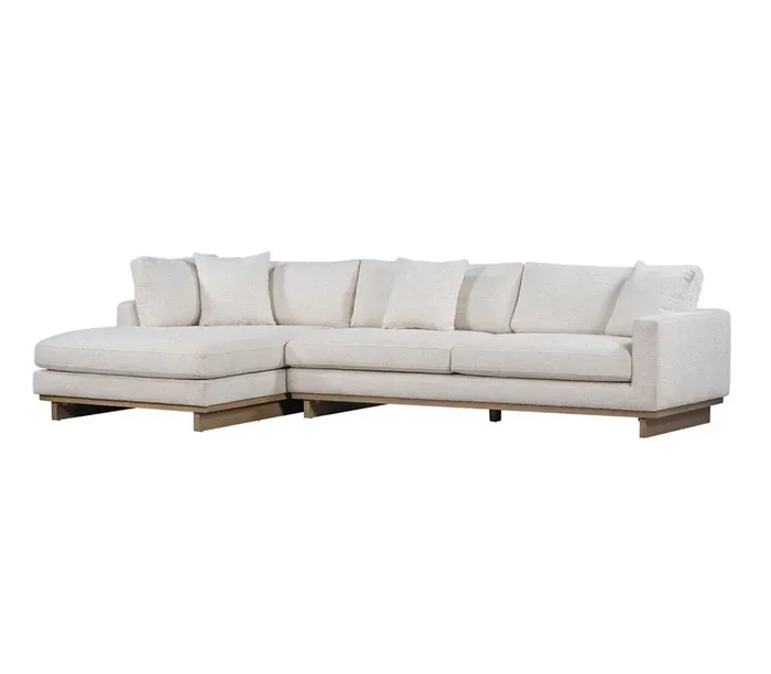 Alder & Tweed – Paxton Upholstered Cream Fabric in Mocha wood Finish Solid Wood frame 131in Sectional with Chaise – AT10961-SWC/MMC