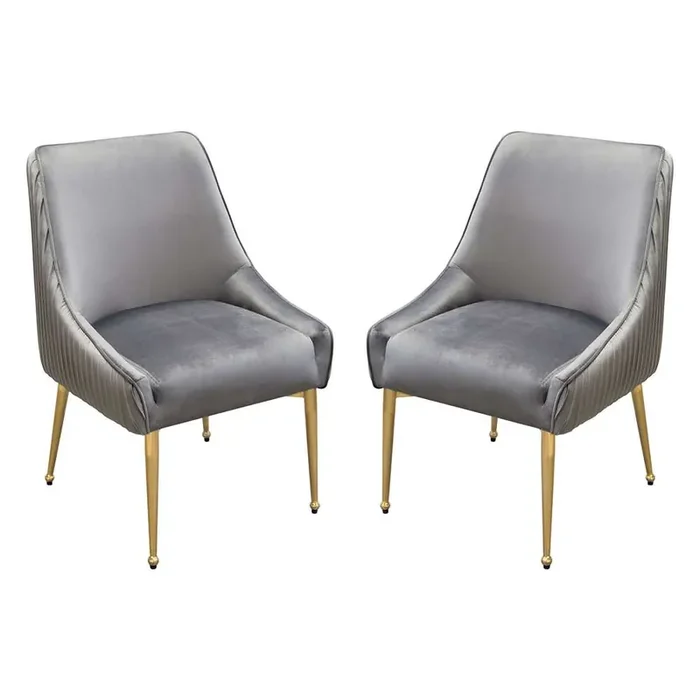 Diamond Sofa – Quinn Dining Chairs w/ Vertical Outside Pleat Detail and Contoured Arm in Grey Velvet w/ Brushed Gold Metal Leg (Set of 2) – QUINNDCGR2PK