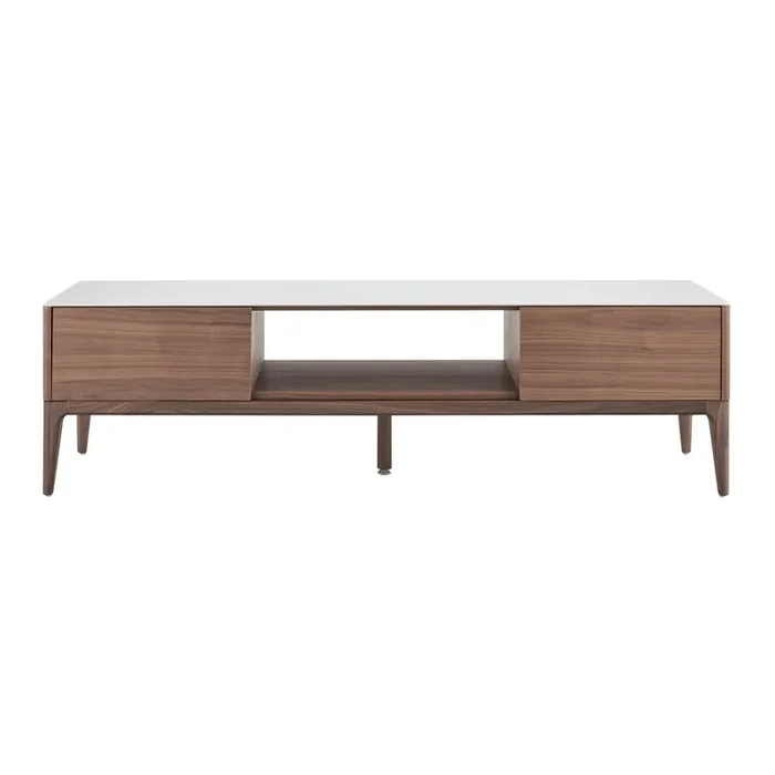 Euro Style – Haldis 71inW 2-Drawer Media Stand, White Ceramic Glass/Walnut – 39044-WHT
