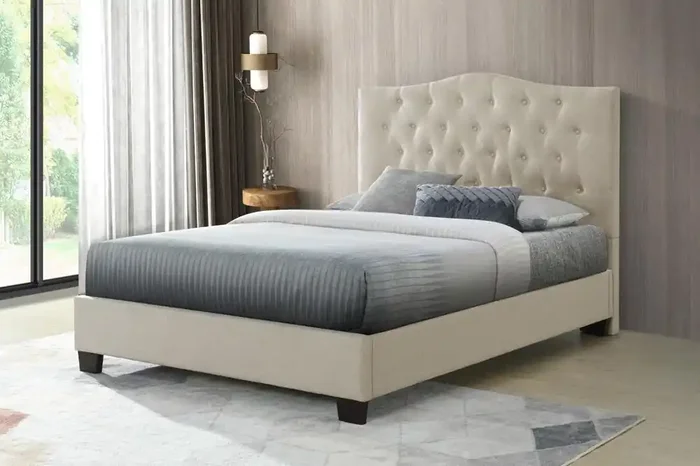 Fashion Bed Group – Vera Full Upholstered Platform Bed & Maya Full / Queen Headboard – Beige