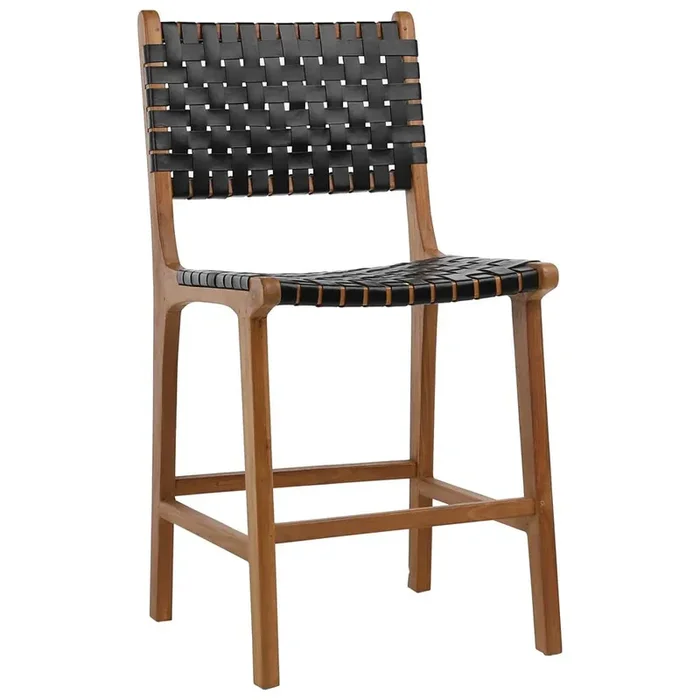 Henry & Mason – Chase Natural Teak Wood and Full Grain Leather Counter Stool in Antique Black – DV7273