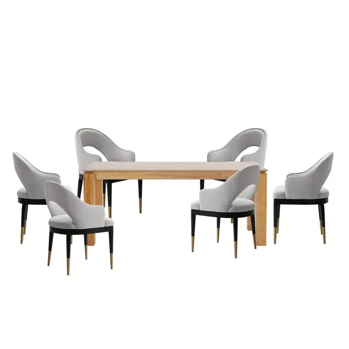Manhattan Comfort – 7-Piece Carrington and Rockaway Velvet Dining with Dining Armchair – Gold Stainless SteelDining Table – American Solid Ash Wood Legs in Light GreyNature – 6-DT02DC089AR-NALG