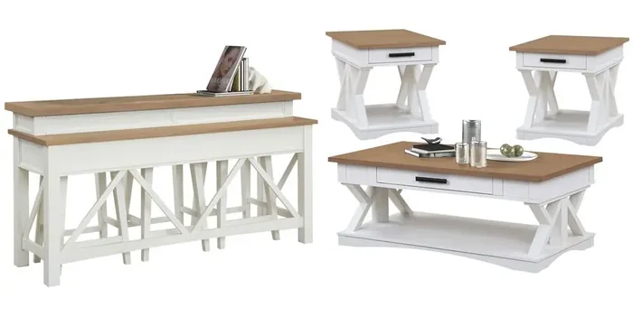Parker House – Americana Modern – Cotton Cocktail Table with 2 End Tables and Console Table with 3 Stools – AME-7PC-01-02-09-4-COT