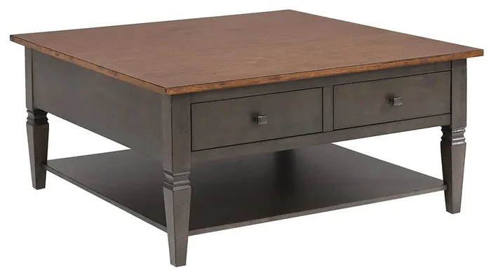 Sunset Trading – Dakota 42in Square Coffee Table with Drawers and Storage Shelf – Distressed Brown and Ash Gray – DLU-DK-2307-TA
