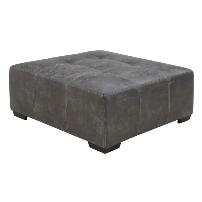 Wallace & Bay – Bright Charcoal Tweed and Faux Leather Ottoman with Tufted Top, Contrast Stitching, And Block Feet – U510444