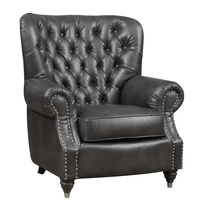 Wallace & Bay – Crane Deep Charcoal Accent Chair with Faux Leather Upholstery, Nailhead Trim, And Rolled Arms – U510384