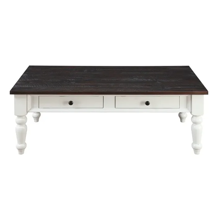 Wallace & Bay – Maddox Dark Bark and Distressed White 52in Coffee Table with Two Drawers, Solid Plank Top, And Turned Legs – T510267