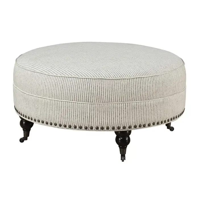 Wallace & Bay – Sampson Rustic Stipe Round Ottoman with Turned Feet, Nailhead Trim, And Seam Welting – U510415