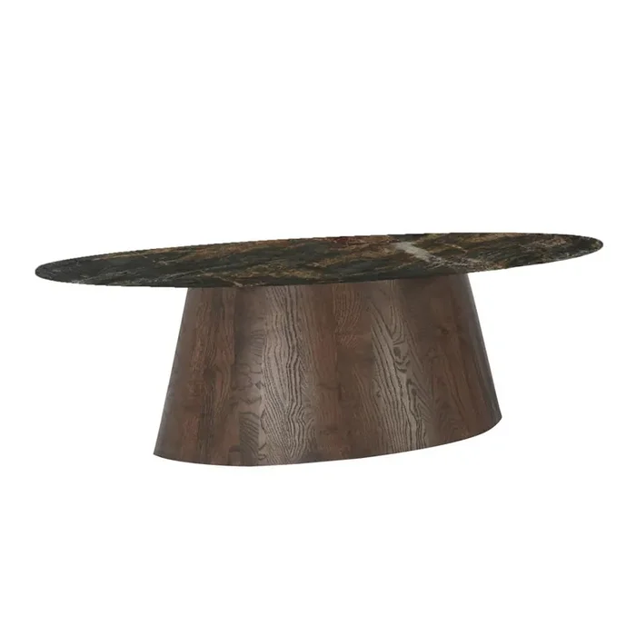 World Interiors – Caldera 90″ Oval Dining Table in Lava Marble with Dark Oak base – ZWCAL90DTLMDO